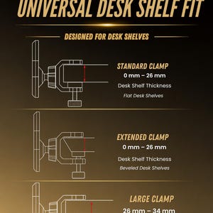 K&ouml;nnte beinhalten: Ein technisches Diagramm mit dem Titel UPGRADE YOUR DESK UNIVERSAL DESK SHELF FIT zeigt drei Klemmtypen. Standard- und verl&auml;ngerte Klemmen passen f&uuml;r 0 mm bis 26 mm dicke Regale. Die gro&szlig;e Klemme passt f&uuml;r 26 mm bis 34 mm dicke Schreibtischregale.