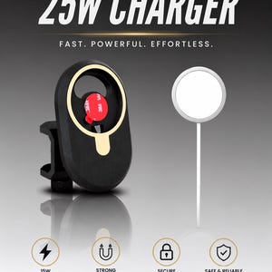 K&ouml;nnte beinhalten: Eine schwarze und goldene magnetische Ladeger&auml;tehalterung mit einem kreisf&ouml;rmigen Ring und roter Kleber&uuml;ckseite sowie ein wei&szlig;es, rundes Ladepad. Der Text umfasst UPGRADE YOUR DESK, 25W CHARGER, FAST. POWERFUL. EFFORTLESS., 15W FAST CHARGING, STRONG MAGNETIC HOLD, SECURE & STABLE MOUNT, SAFE & RELIABLE CHARGING, PERFECT FOR DESK SETUP'S, PREMIUM QUALITY BUILT TO LAST und GREAT GIFT IDEAS.