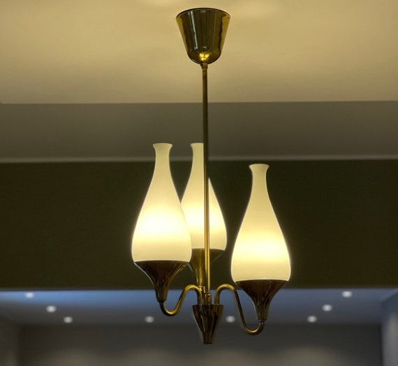 Ceiling lamp - 1950s Arnold Wiigs Fabrikker -  Brass and Shaded Glass