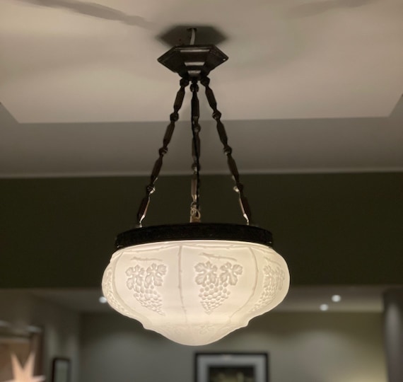 Art Nouveau Lamp 1920s Inverted Dome Ceiling Light With Milk Glass Shade Etsy