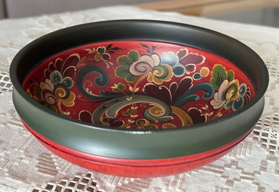 Rose-Painted Wooden Bowl  - Rustic and Unique Table Centerpiece - handcrafted