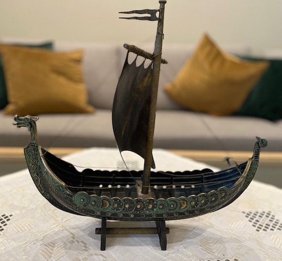 Vintage Inspired Viking Ship Statue in Bronze with Rustic Patina Finish - Scandinavian Art