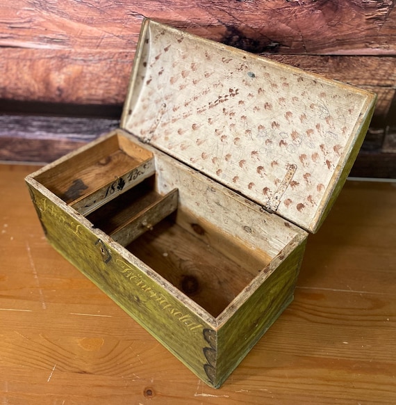 1843 Primitive Antique Norwegian Chest, treasure chest box,pinewood storage trunk, RUSTIC farmhouse style