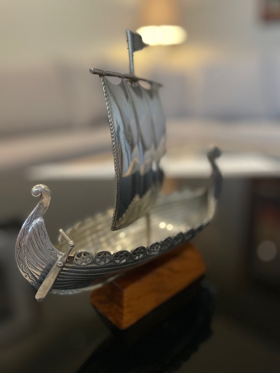 Viking ship sculpture  on wood stand - Norwegian / Scandinavian