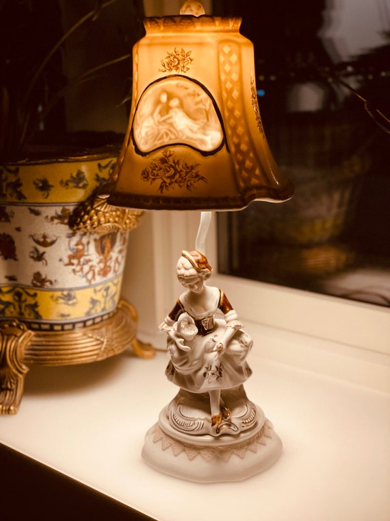 Porcelain Lamp Adorned With Beautiful Figurines and Intricate Porcelain Shade Etsy