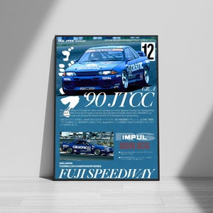 May include: A blue and white Nissan Skyline GT-R race car with the number 12 on the side. The car is on a race track and the text "90 JTCC" is in the background. The text "IMPUL RACING" is also visible in the image.