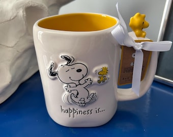 Rae Dunn Peanuts Snoopy Woodstock Dancing Happiness Is.. with Woodstock on Handle Mug
