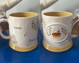 Rae Dunn Peanuts Snoopy Season of Thanks Thanksgiving Fall Autumn Leaves Double Sided Mug