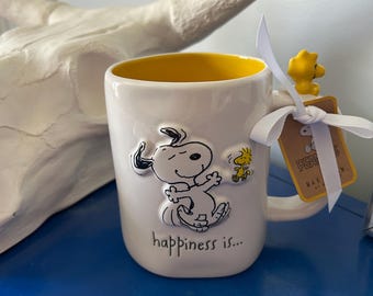 Rae Dunn Peanuts Snoopy Woodstock Dancing Happiness Is.. with Woodstock on Handle Mug