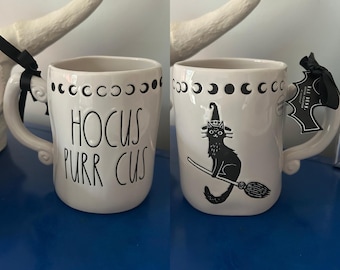 Rae Dunn Black Cat with Witch’s Hat on Broom and Moon Phases Hocus Purr Cus Halloween Double Sided Mug