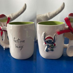 Rae Dunn Disney Lilo & Stitch Festive Hugs Christmas Xmas Holiday Double Sided Mug with Spoon