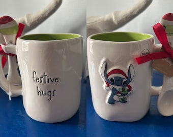 Rae Dunn Disney Lilo & Stitch Festive Hugs Christmas Xmas Holiday Double Sided Mug with Spoon