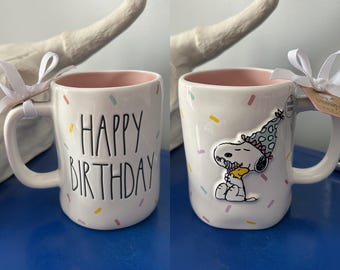 Rae Dunn Peanuts Snoopy Happy Birthday Confetti Double Sided Mug