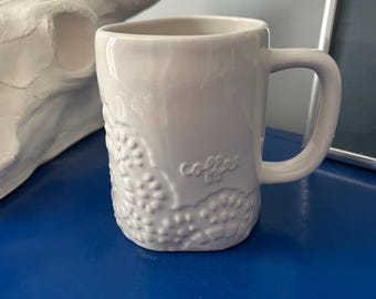 Rae Dunn Lace Design with Raised White Lettering Coffee Mug