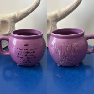 Rae Dunn Purple Cauldron Shaped Witch’s Brew List of Ingredients Double Sided Mug
