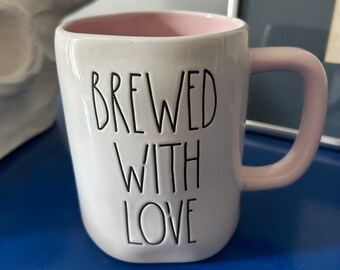 Rae Dunn Light Pink and White Brewed With Love Mug