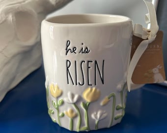 Rae Dunn Easter Yellow and White Flowers Floral He is Risen Mug