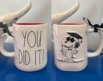 Rae Dunn Peanuts Snoopy Graduation Graduate You Did It! Double Sided Mug