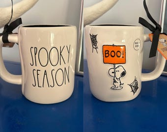 Rae Dunn Peanuts Charlie Brown Snoopy Boo Sign Spooky Season Double Sided Halloween Mug