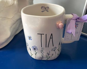 Rae Dunn White Floral Flowers with Butterfly Tia Mug