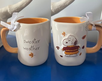 Rae Dunn Peanuts Snoopy Sweater Weather Fall Autumn Leaves Cooler Weather Double Sided Mug