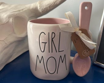 Rae Dunn White and Blush Pale Pink Girl Mom Mug with Ceramic Spoon