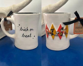 Rae Dunn Peanuts Charlie Brown Snoopy Lucy Sally Brown Pig Pen Trick or Treating Trick or Treat Double Sided Halloween Mug