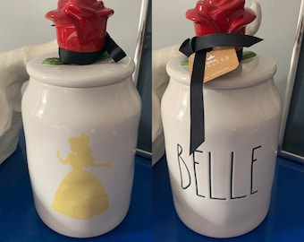 Rae Dunn Disney Beauty & the Beast Belle Canister Candy Jar with Rose Lid