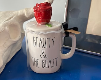 Disney Rae Dunn Beauty & the Beast Mug with Rose Topped Lid