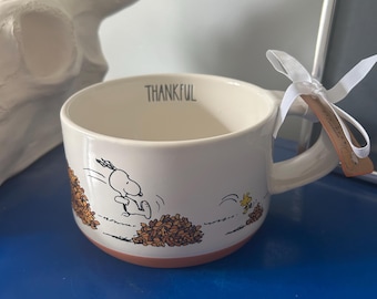 Rae Dunn Peanuts Charlie Brown Snoopy Woodstock Autumn Fall Leaves Thankful Large Soup Chili Mug