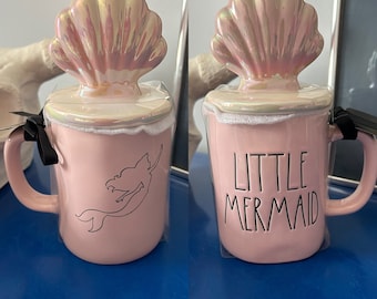 Rae Dunn Disney Light Pink Blush the Little Mermaid Ariel Mug with Iridescent Shell Topped Lid.