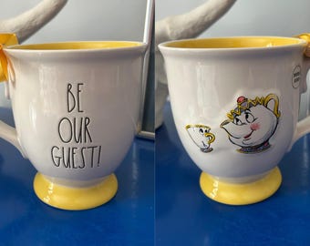 Rae Dunn Disney Beauty and the Beast Belle Mrs Potts and Chip Be Our Guest Mug