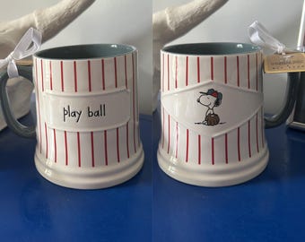 Rae Dunn Peanuts Snoopy Baseball Play Ball Double Sided Large Mug