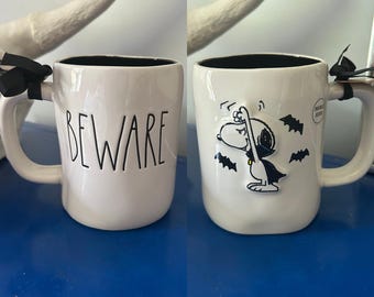 Rae Dunn Peanuts Charlie Brown Snoopy Beware Vampire Bats Double Sided Halloween Mug