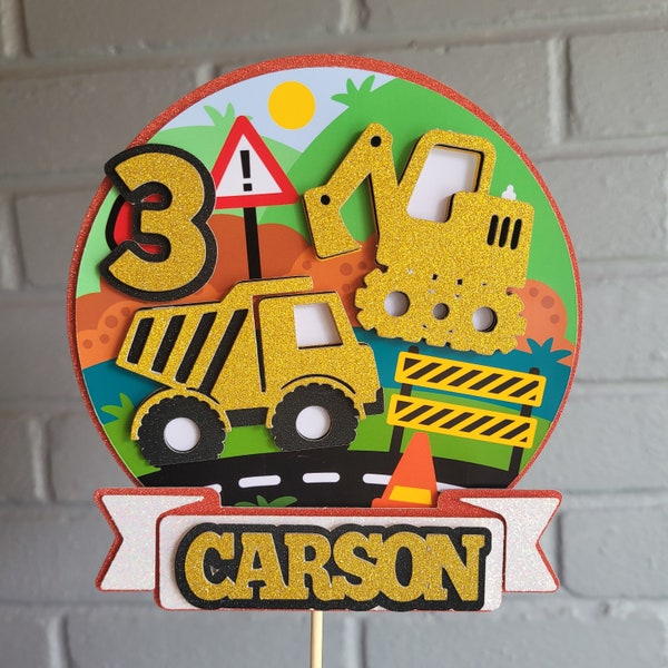 Digger construction dumper truck excavator cake topper Personalised with name and age