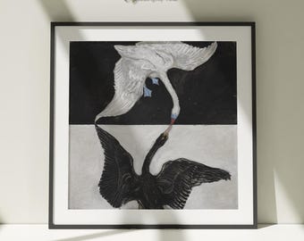 Antikes Schwanengemälde, Dark Academia Wandkunst, weißer Schwan auf schwarzem Hintergrund druckbar, Moody Vintage, dunkles Gemälde