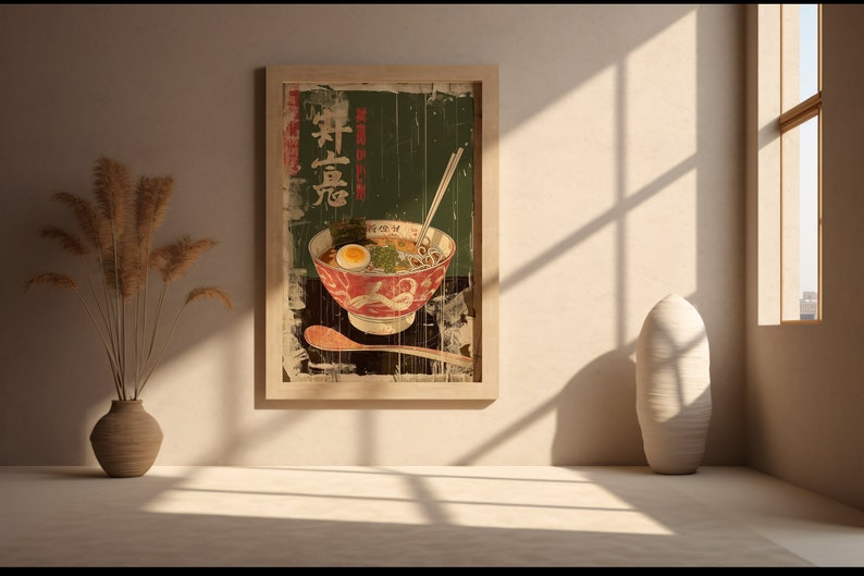 May include: A vintage-style poster featuring a bowl of ramen with an egg, seaweed, and other toppings. The poster has a faded, distressed look and is framed in a wooden frame.