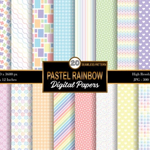 Può includere: Una collezione di 20 carte digitali arcobaleno pastello, ognuna con un motivo unico. I motivi includono zigzag, fiori e cuori. L'immagine è di 30,48 x 30,48 cm e ad alta risoluzione. Il testo recita "PASTEL RAINBOW Digital Papers".
