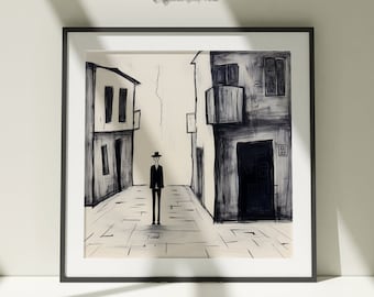 Moody Black and White Street Print, Vintage Urban Wall Art, Man Walking Alley Poster, Digital Download