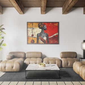 May include: A modern living room with a brown leather sectional sofa, a coffee table with a marble top, and a framed painting of a woman with a red background. The painting is above the sofa and the coffee table is in front of the sofa.