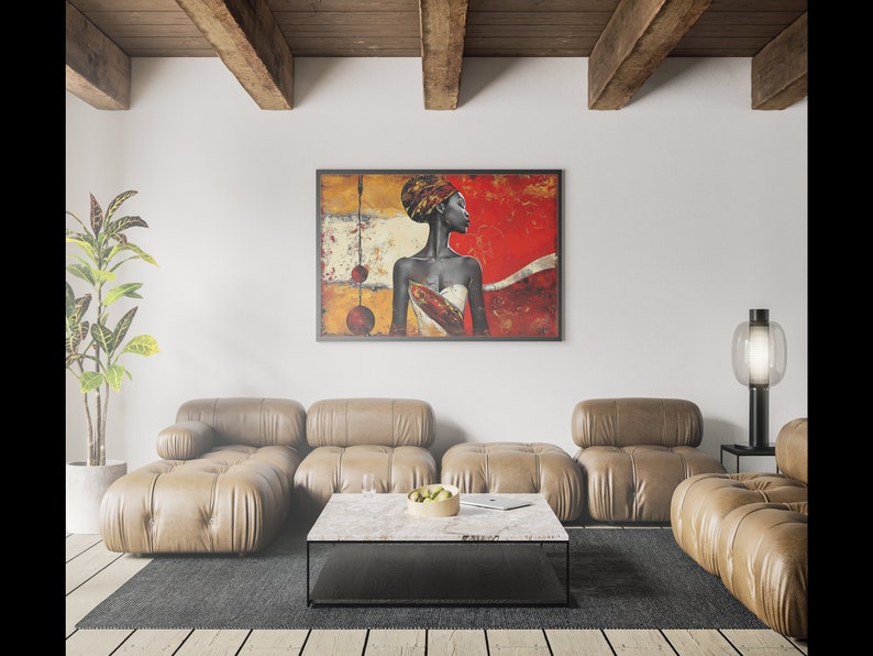 May include: A modern living room with a brown leather sectional sofa, a coffee table with a marble top, and a framed painting of a woman with a red background. The painting is above the sofa and the coffee table is in front of the sofa.