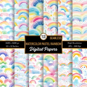 Può includere: Dodici carte digitali senza cuciture con arcobaleni pastello ad acquerello con nuvole, stelle e altri elementi fantasiosi. Ogni carta misura 12 pollici per 12 pollici e 300 DPI.