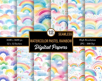 Papel digital com arco-íris, papel digital com estrelas de arco-íris, papel com padrão de fundo de arco-íris, papéis para scrapbooking de arco-íris, papel de embrulho de arco-íris