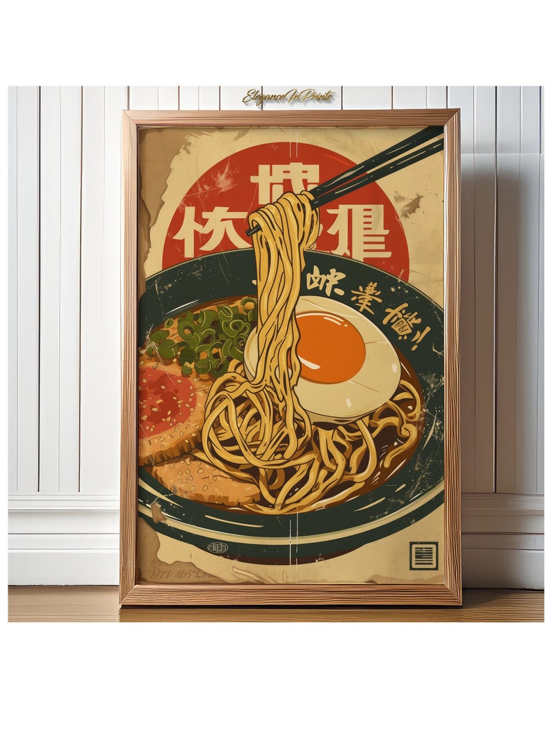 K&ouml;nnte beinhalten: Vintage-Poster mit einer Sch&uuml;ssel Ramen-Nudeln mit einem Ei, Fleisch und Fr&uuml;hlingszwiebeln. Das Poster enth&auml;lt japanischen Text, der "Mach eine Pause, iss Ramen!" lautet.
