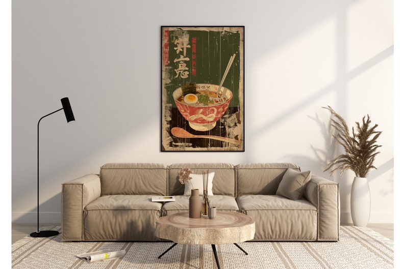 May include: A vintage-style poster featuring a bowl of ramen noodles with chopsticks and a spoon. The poster has a green background with Japanese text that reads "Ramen".