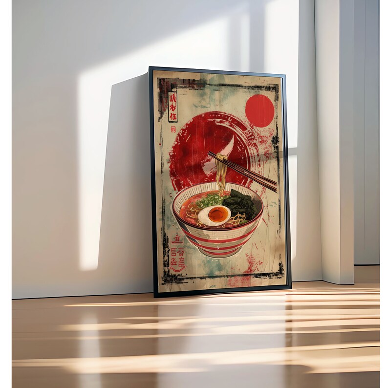 May include: A vintage-style poster featuring a bowl of ramen noodles with a red sun and Japanese text in the background.