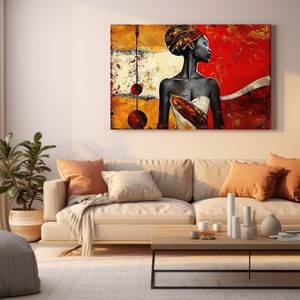 May include: A painting of a woman with a red, yellow, and gold background. The woman is wearing a white and gold dress and a head wrap. The painting has a modern abstract style.