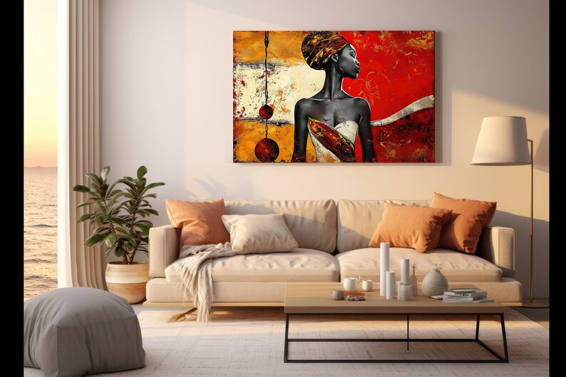 May include: A painting of a woman with a red, yellow, and gold background. The woman is wearing a white and gold dress and a head wrap. The painting has a modern abstract style.