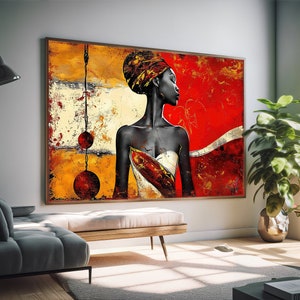 May include: Abstract painting of a woman with a red, yellow, and white patterned head wrap. The woman is wearing a white dress with a red and yellow patterned design. The background is a mix of red, yellow, and white.
