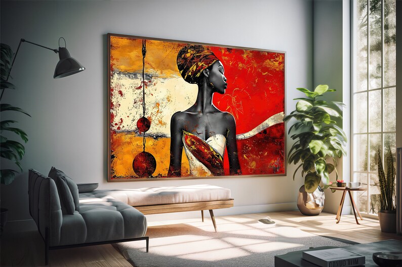 May include: Abstract painting of a woman with a red, yellow, and white patterned head wrap. The woman is wearing a white dress with a red and yellow patterned design. The background is a mix of red, yellow, and white.